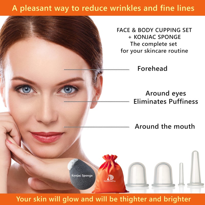 DoSensePro Facial Cupping Set â€“ 4 Silicone Cups for Face, Neck & Body + Konjac Sponge & Guide â€“ Lymphatic Drainage, Anti-Aging, Puffiness Reduction, TMJ Relief & Cellulite Massage â€“ Medical-Grade Silicone - Image 2